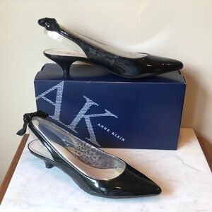 Anne Klein Black Patent Slingback Kitten Heels with Bow and Wood Heel Detail
